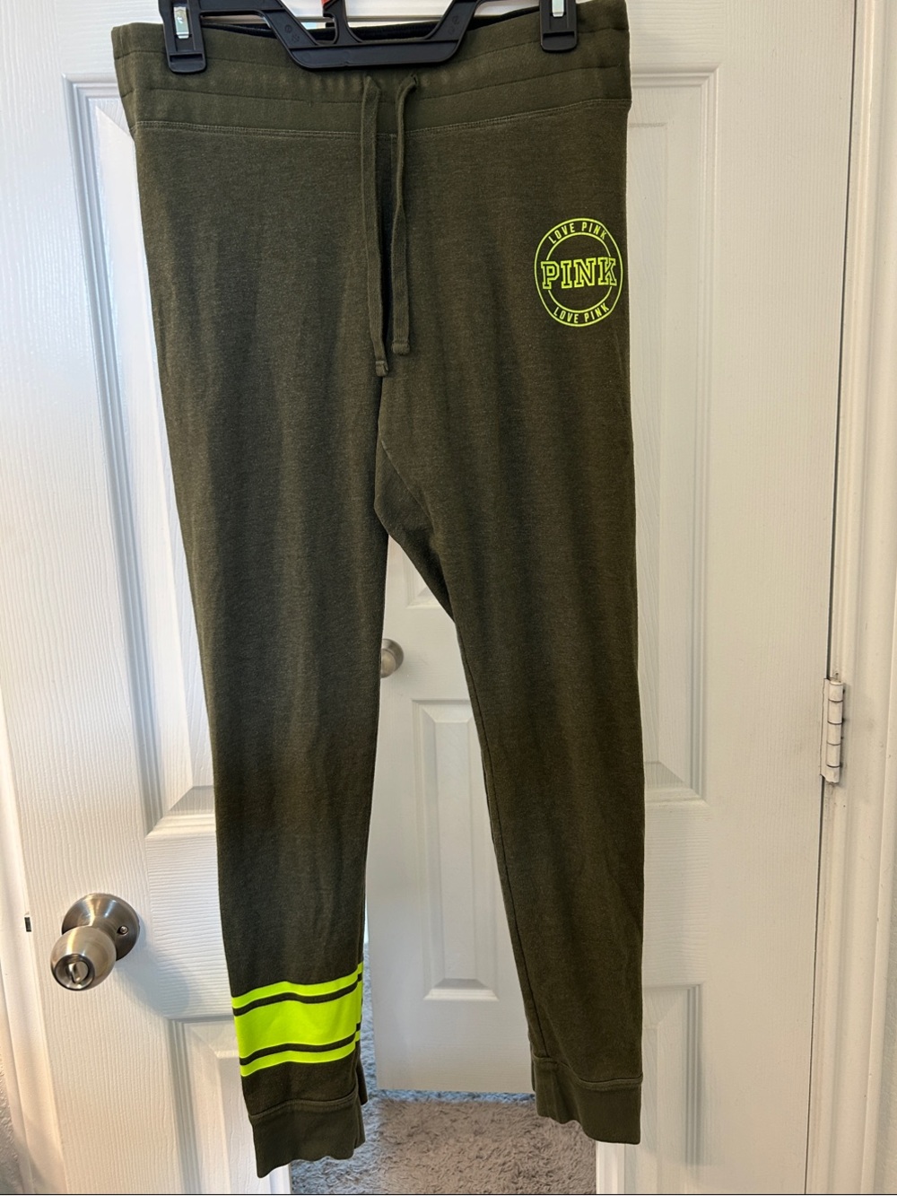 PINK Victoria's Secret Olive Green Joggers with Neon Yellow Accents